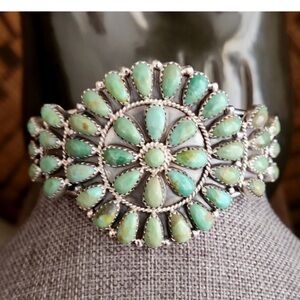 Genuine Turquoise and Silver Navajo Flower Cluster Bracelet, Signed by Artist